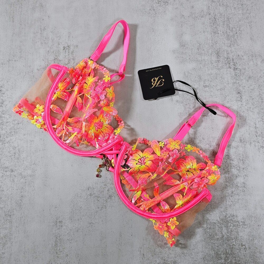 Honey Birdette Summer Neon Pink Floral Embroidered Balconette Bra Size 38D